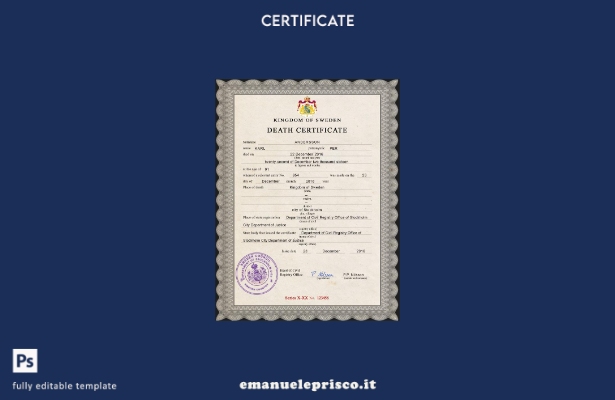 modello PSD del certificato di morte del documento di stato civile svedese in st